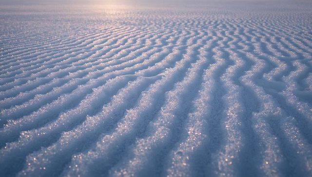 Glittering rippled snowfield at dawn showing sparkling ice crystals and frost texture