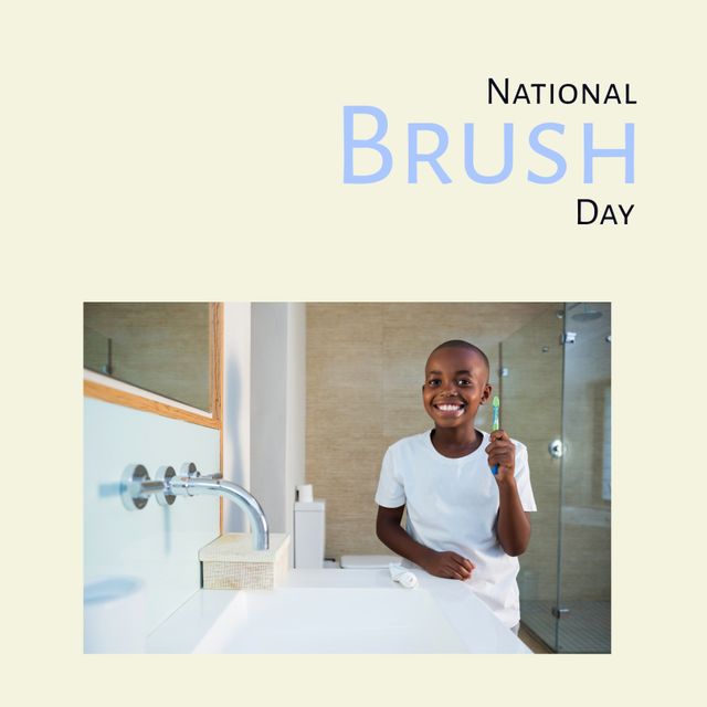 Composition of national brush day text over african american boy brushing teeth. National brush day and celebration concept digitally generated image.