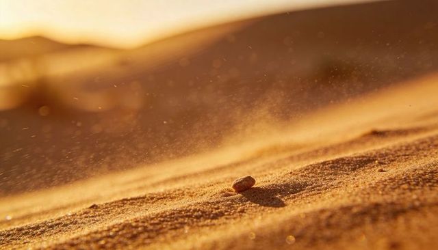 Golden desert close-up glowing pebble casting long shadow on wind-swept sand ridge sunlit