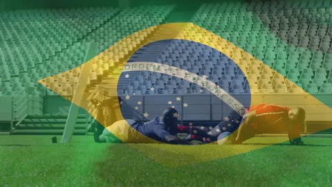 Rugby Players Training at Stadium with Brazilian Flag Overlay