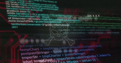 Skull overlay on glitching code with neon circuits conveying cyber threat and hacking