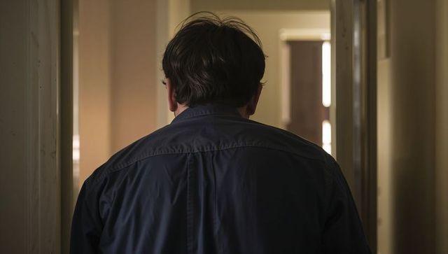 Adult male standing back turned facing bright doorway in narrow hallway, moody silhouette