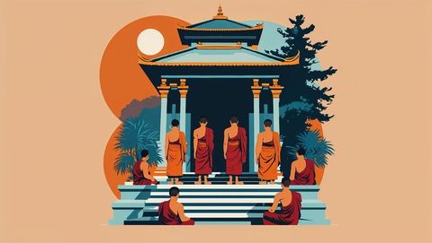 Monks meditating on temple steps at sunrise, harmony and serenity theme