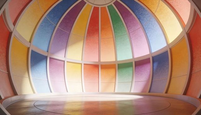 Colorful domed stained-glass rotunda casting rainbow light through central oculus