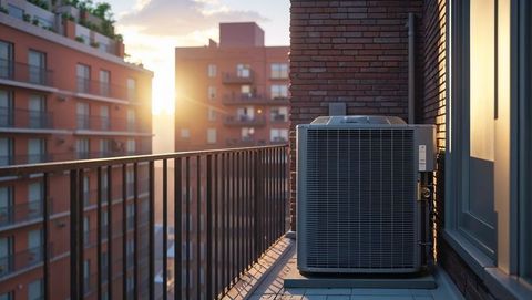 Air conditioner unit on balcony at sunset in urban setting