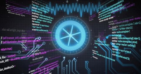 Holographic cyber hud projecting pulsing waveform and flowing code on neon grid