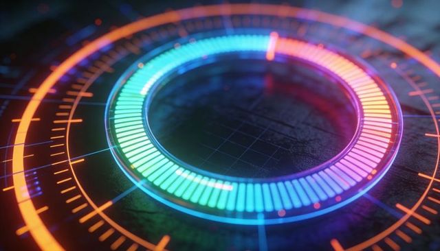 Cycling Multicolor HUD Ring Display Showing Segmented Neon Radial Dashboard Interface