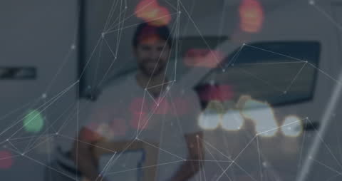 Futuristic Network Overlay on Delivery Worker Smiling