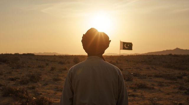 Turbaned man standing at desert sunset facing crescent-star flag, backlit silhouette