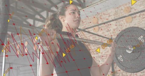 Female athlete lifting barbell with motion analytics overlay for strength training