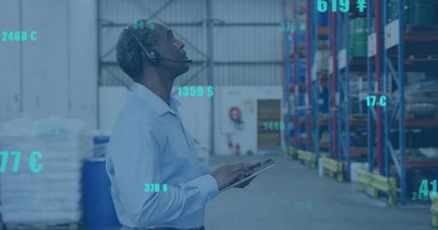 Warehouse supervisor scanning inventory with tablet and headset, showing ar analytics