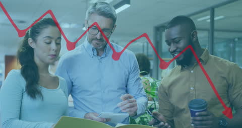 Business Team Analyzing Market Trends with Digital Data Overlay