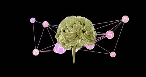 Glossy gold brain connecting pink user nodes representing neural network and ai social data flow