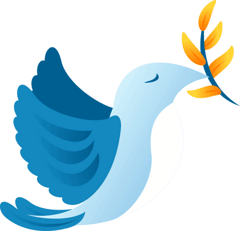 Stylized blue bird holding golden leaf branch on transparent background