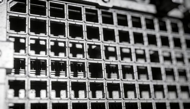 Macro metal lattice revealing square cavities and riveted frame in dramatic light