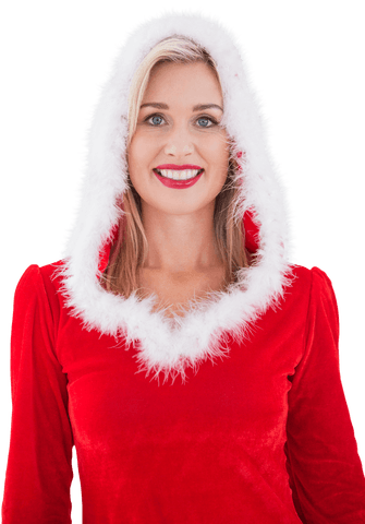 smiling blonde woman in festive red hood with fur trim - Download Free Stock Videos Pikwizard.com