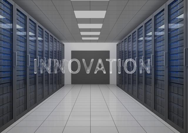 Digital composite image of text innovation and empty server room