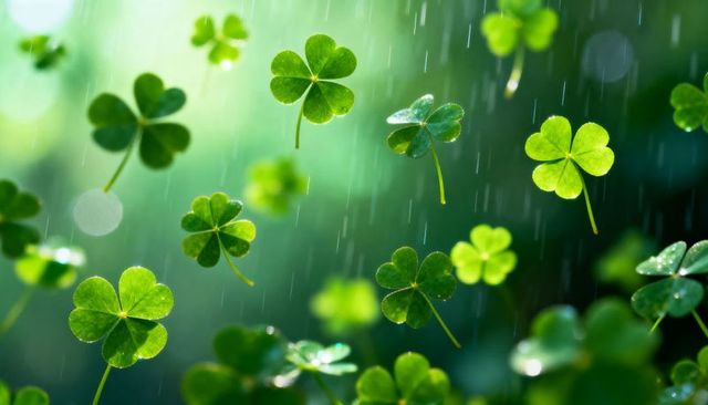 Shimmering clover leaves catching raindrops in green bokeh with sparkling dew closeup