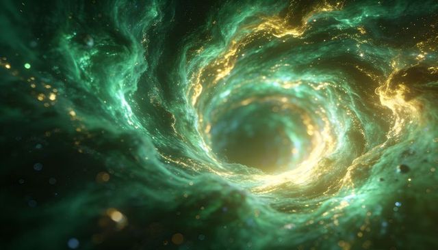 Swirling Emerald and Gold Cosmic Vortex Spiraling with Glowing Filaments and Nebula Light