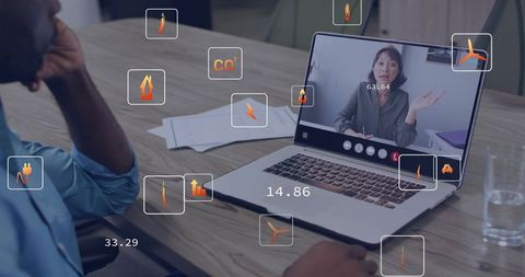 Remote team collaborating over video conference with real-time analytics overlays on laptop