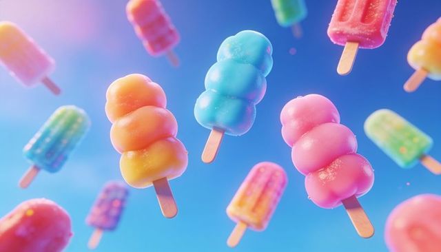 Pastel floating popsicles trio with sugar crystals vibrant summer dessert concept