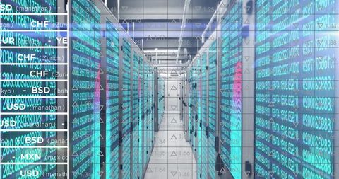 Data Center Corridor with Financial Data Overlay