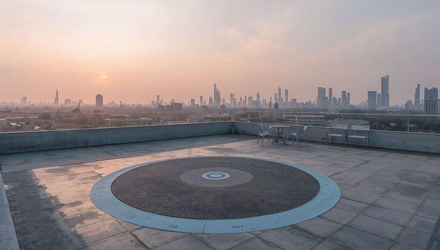 Rooftop helipad at sunrise overlooking hazy city skyline with seating and glass railing