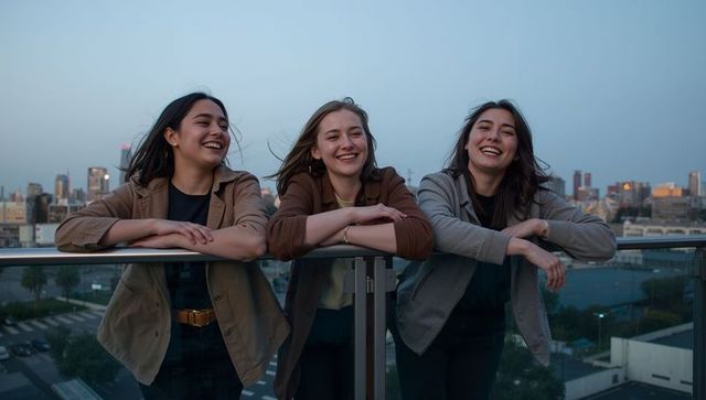 Three friends leaning and laughing on rooftop railing at dusk with city skyline