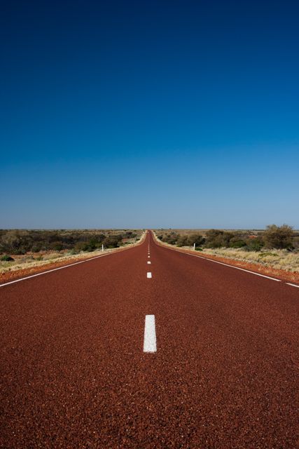 Red asphalt road stretching infinitely under a clear blue sky, surrounded by arid desert landscape. This visual is ideal for travel bloggers, automotive advertisements, or promotional material for road trips and adventure travel. It symbolizes freedom, endless possibilities, and the beauty of remote, uncommercialized places.