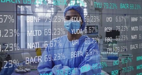 Surgeon in Scrubs with Transparent Data Overlay in Operating Room
