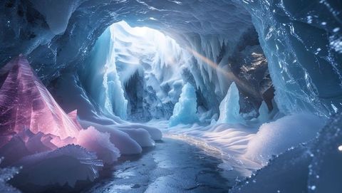 Luminous crystal cavern with pristine icicles and glacial pathway