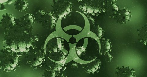 Biohazard Symbol Over Coronavirus Cells on Green Background