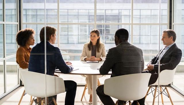 Executive team meeting around round table in glass-walled office showcasing leadership