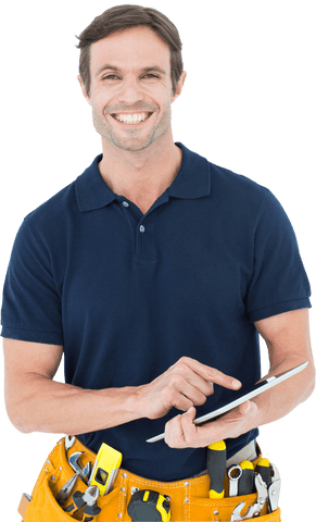 Smiling handyman using digital tablet standing against transparent background