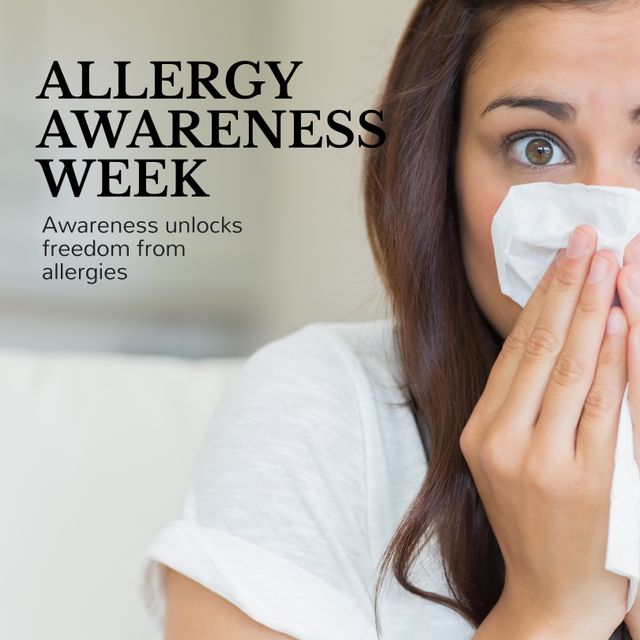 Allergy Awareness Week: Woman Blowing Nose Against Allergies - Download Free Stock Templates Pikwizard.com