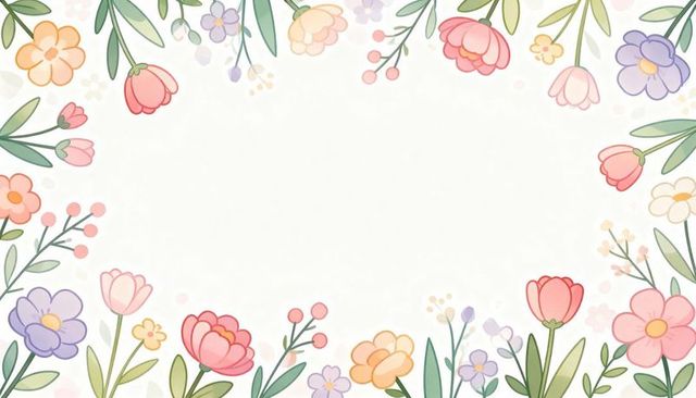 Pastel floral frame with hand-drawn tulips, leaves and berry buds on cream panel