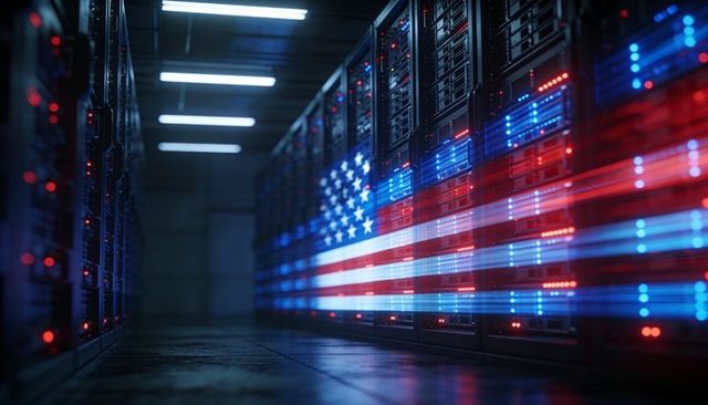 American Flag LED Visualization on Server Racks for Cybersecurity and Patriotism Concept