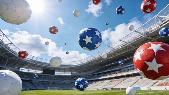 Floating star-spangled soccer balls over open-roof stadium creating dynamic sports background