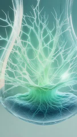 Vertical biotech video showing neural network pulsing green activation inside glass vessel