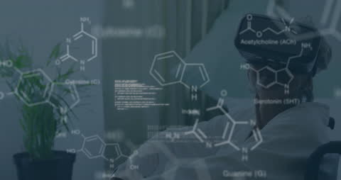 Woman Using VR Headset with Holographic Chemical Structures Displayed