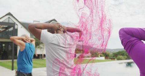 Group stretching by pool with pink powder motion effect, outdoor fitness and wellness