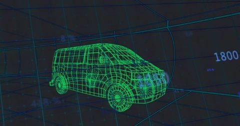 Neon Wireframe Panel Van Rotating in Futuristic Blue Grid Tunnel Visualization