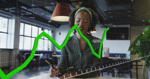 Businesswoman Analyzing Growth Stocks in Modern Office