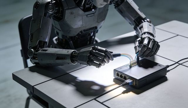 Industrial robot connecting ethernet cables to network switch in laboratory workshop