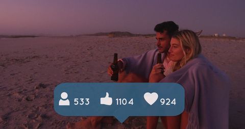 Couple Relaxing with Beach Sunset and Social Media Icons