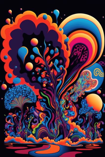 Striking for wall art, album covers, social media graphics. Ideal for creative and artistic projects. Perfect for art enthusiasts appreciating psychedelic and surreal aesthetics. Great for posters, digital backgrounds, or enhancing an eclectic room decor.