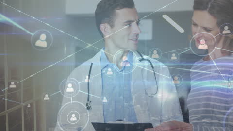 Doctor Explaining with Digital Network Overlay in Modern Clinic