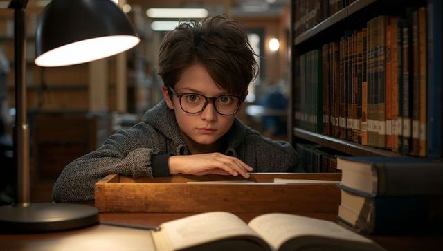 Focused young student reading in library with dark-rimmed glasses, warm desk lamp, books