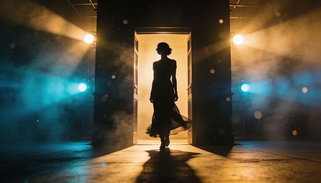 Backlit woman walking through open doors into dramatic stage lights and fog