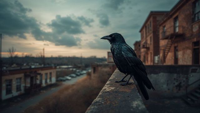 Glossy Black Crow Perched on Urban Concrete Ledge at Dusk
